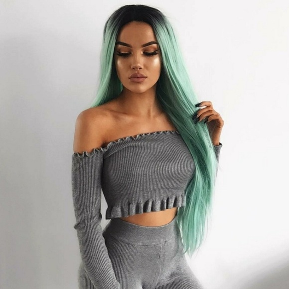 22” Ombre Black Mint Green STRAIGHTLaceFront Wig NEW